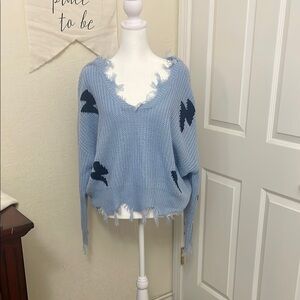Just Polly Blue V-Neck Sweater with Distressed Details